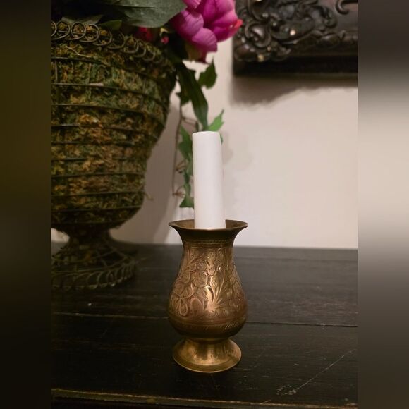 Vintage Small India Brass Etched Decorative Vase 3.25” Tall - Picture 2 of 9